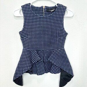 Christian Pellizzari Navy Blue Checkered Windowpane Peplum Crop Top Knit Blouse